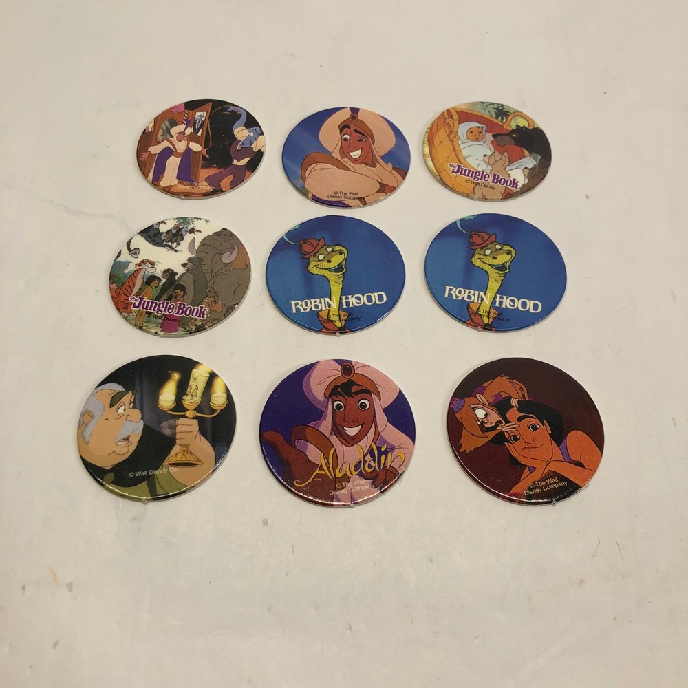 9 Disney Collectible Pogs Aladdin Jungle Book Robin Hood Characters Lot
